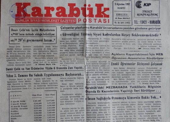 KARABÜK POSTASI GÜNLÜK SİYASİ MEMLEKET GAZETESİ 3 AĞUSTOS 1992